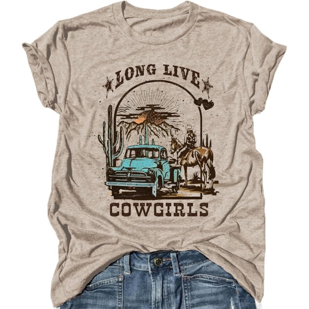 Western Cowgirl T Shirt Cotton Blend Bold Letter Print Casual Summer
